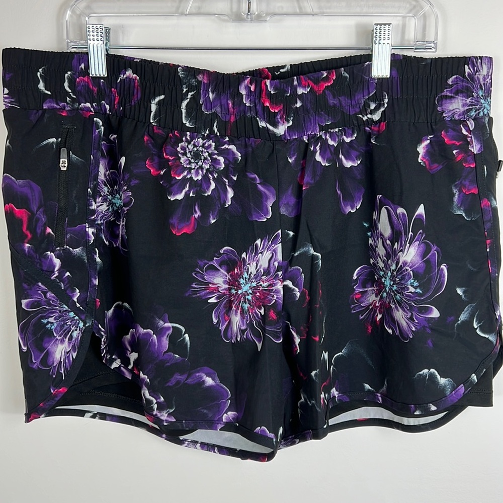 Avia Shorts Stretch Black purple Floral 2 Layer Active Running Size XXL